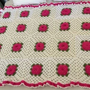 Handmade Crochet Rose Granny Square Blanket - Pink & Cream Nursery Girl Blanket